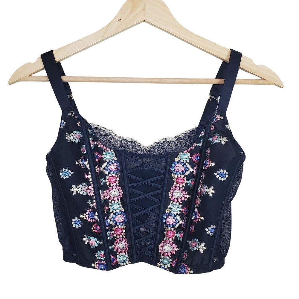 Victoria's Secret Corset Small DD Navy Blue Pink Floral Embroidered Boned